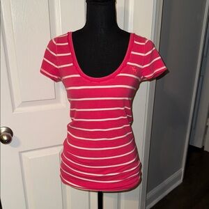 🖤ABERCROMBIE & FITCH PINK/WHT FITTED STRIPED TOP SIZE L🖤